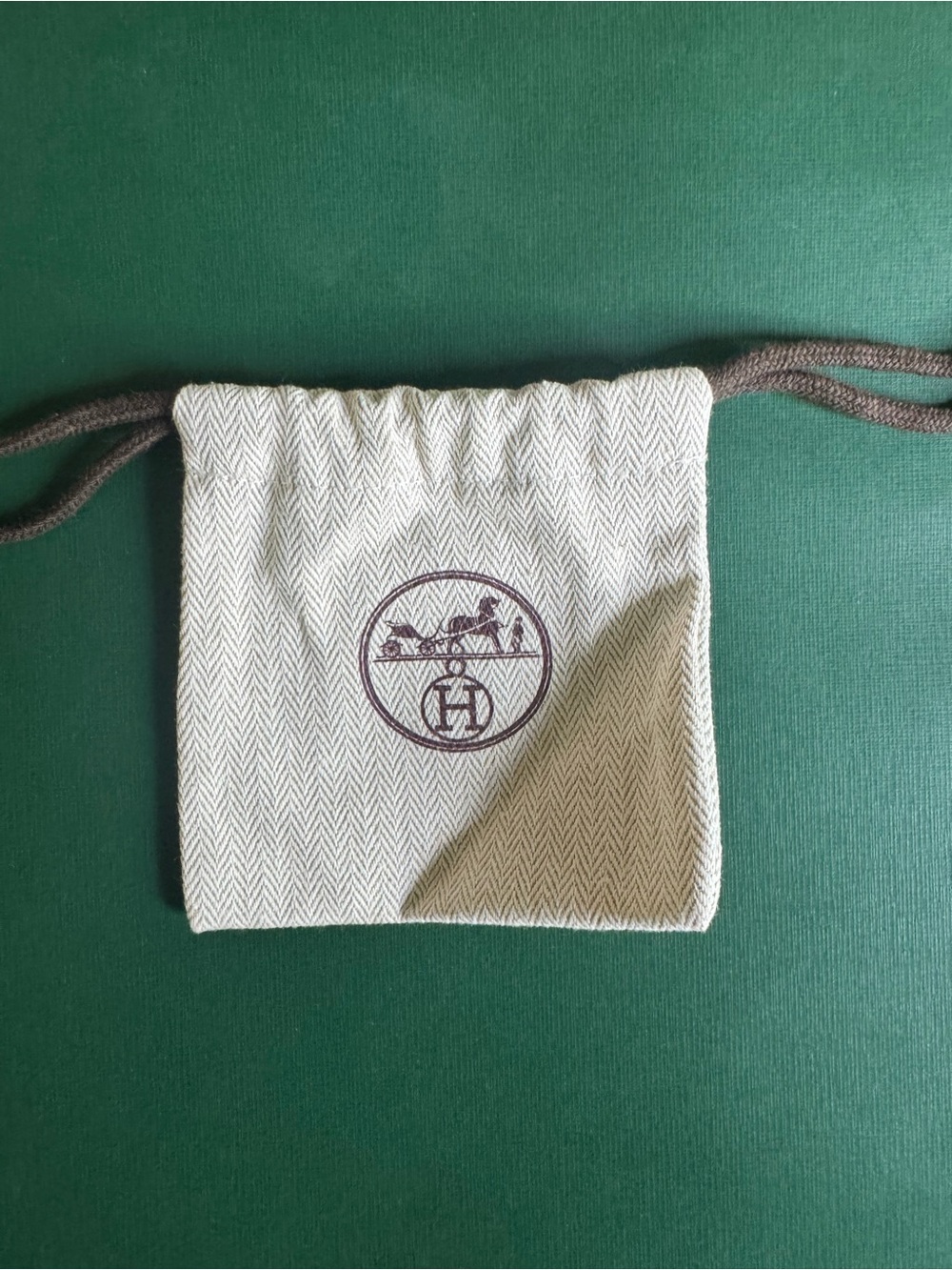 Hermes Cream Herringbone Drawstring Pouch with Brown Cords